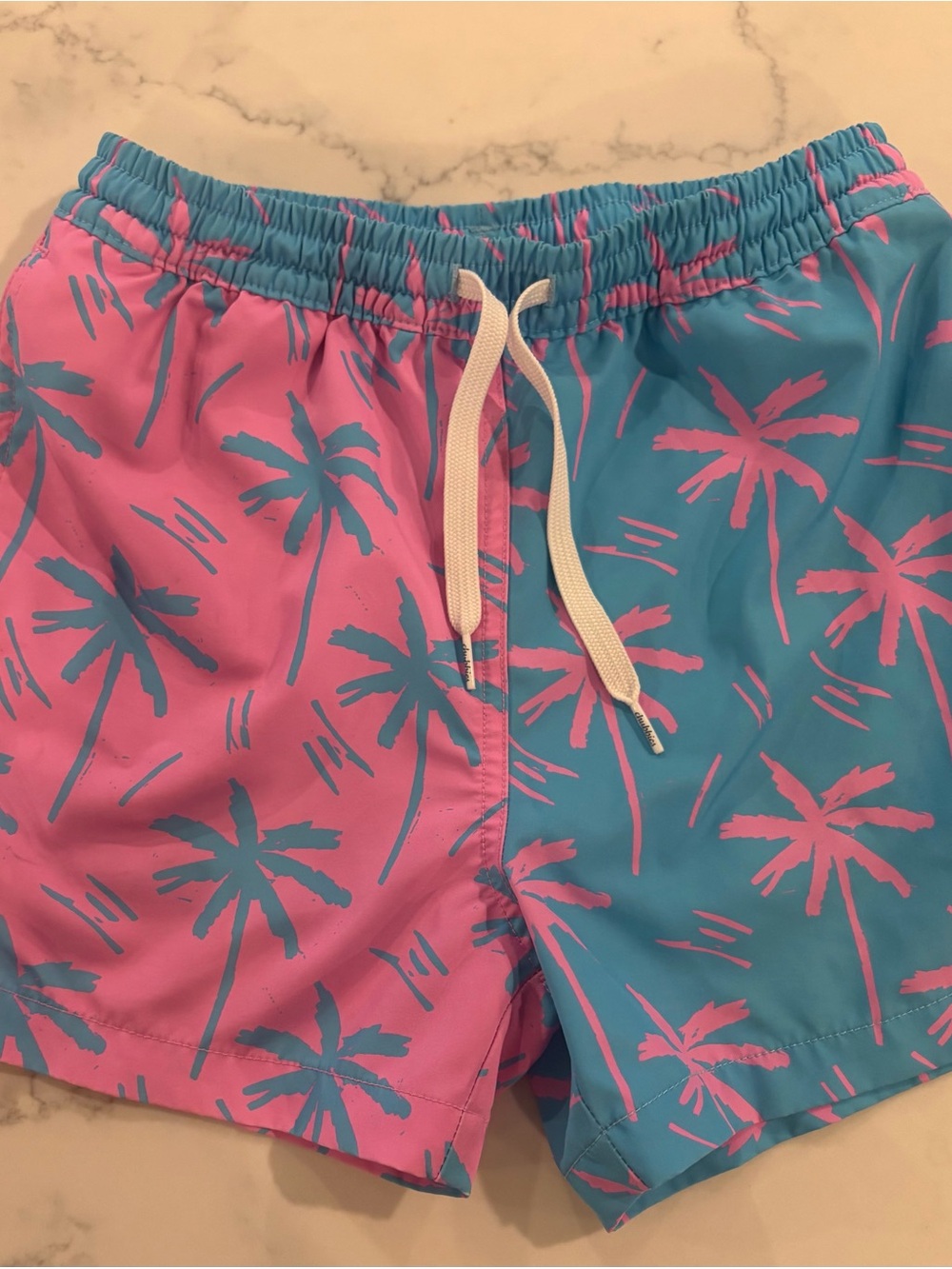 Chubbies. Boy 10-12yrs. Palm Tree Swim Shorts in Pink & Teal